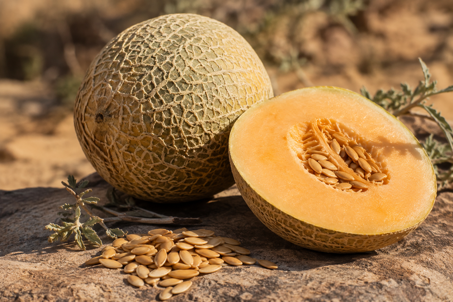 A whole and halved cantaloupe melon displayed on a rock outdoors, with scattered seeds and small greenery in the background.