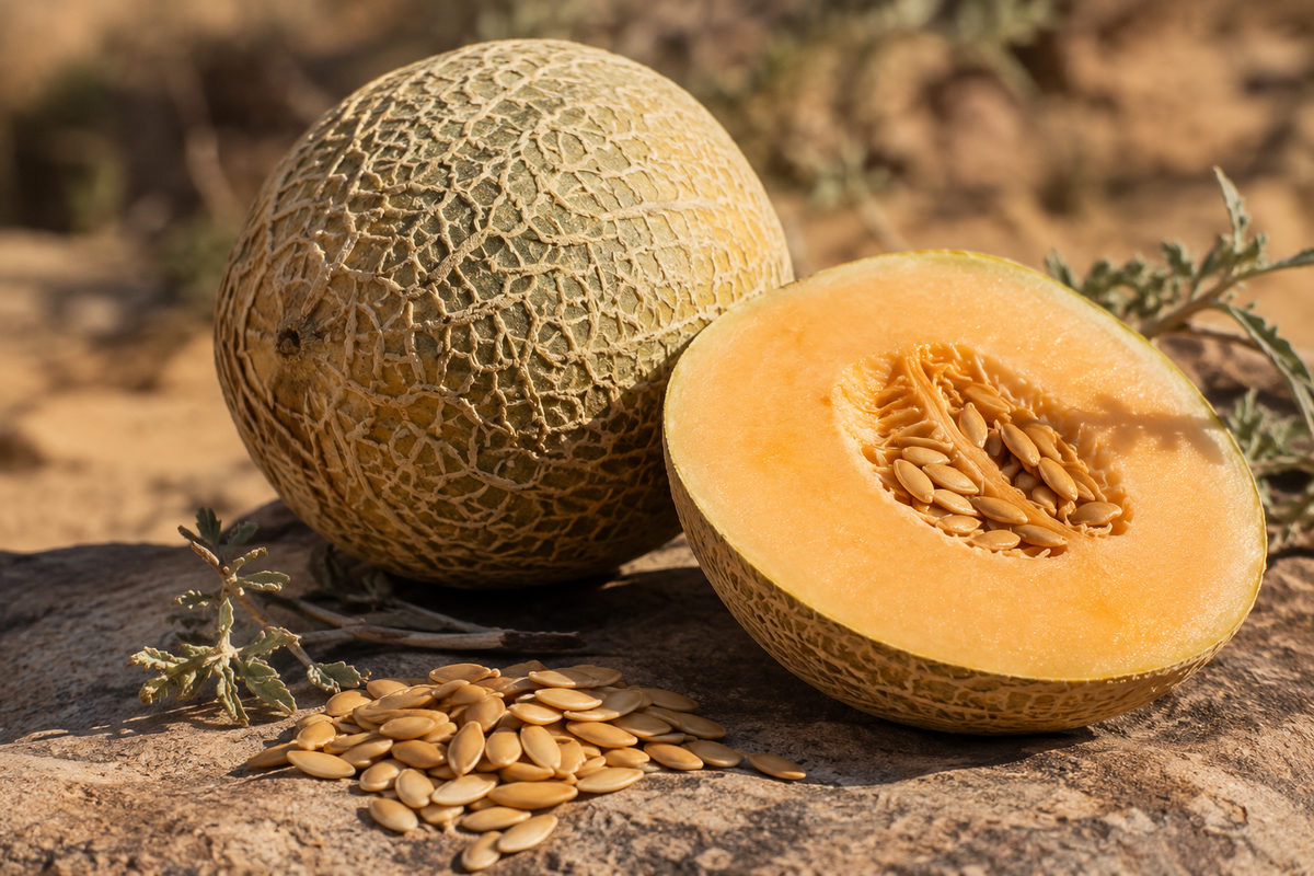 A whole and halved cantaloupe melon displayed on a rock outdoors, with scattered seeds and small greenery in the background.