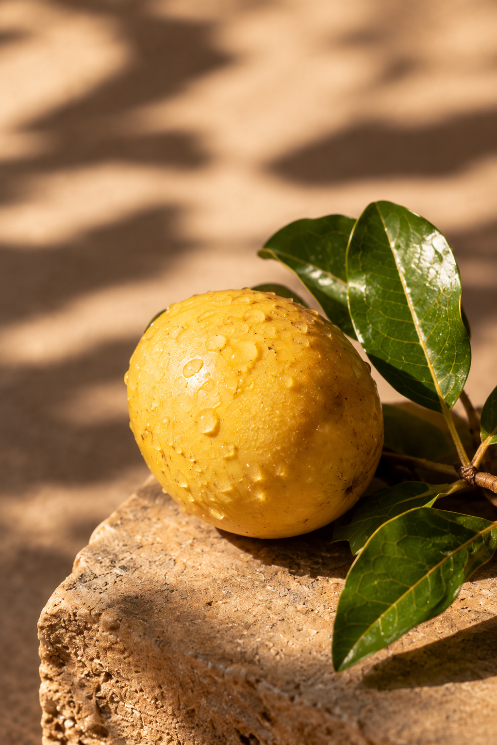A ripe yellow guava fruit with water droplets resting on a textured stone slab, accompanied by glossy green leaves, set against a warm sandy background with dappled sunlight and shadows.
